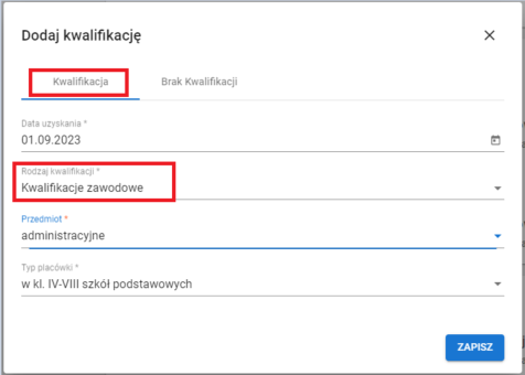 widok wypełnionego formularza kwalifikacji zawodowych