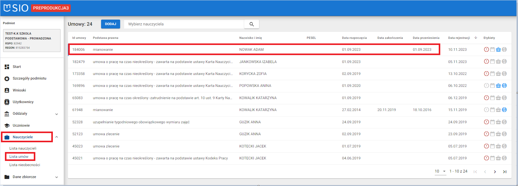 okno z widokiem na usunięcie tygodniowego wymiaru zajęć z listy umów