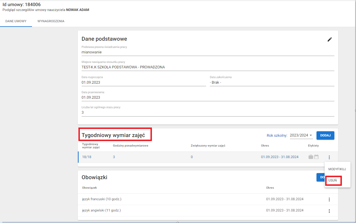 okno z widokiem na usuniecie wskazanego tygodniowego wymiaru zajęć