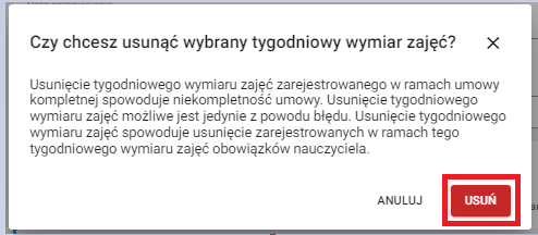 okno z widokiem na komunikat potwierdzający chęć usunięcia 