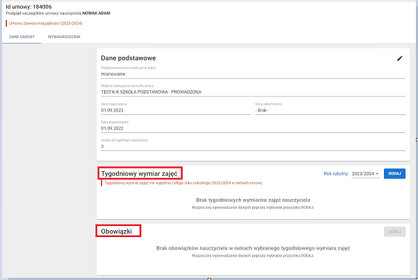 okno z widokiem na usunięty tygodniowy wymiar zajęć oraz obowiązki 