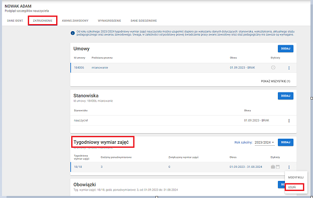 okno z widokiem na tygodniowy wymiar zajęć który ma zostać modyfikowany 