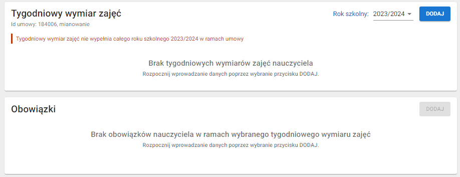 okno z widokiem na osunięte dane tygodniowego wymiaru zajęć i obowiązku 