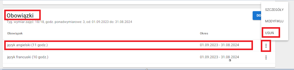 okno z widokiem na wybrany obowiązek który ma zostać usunięty 