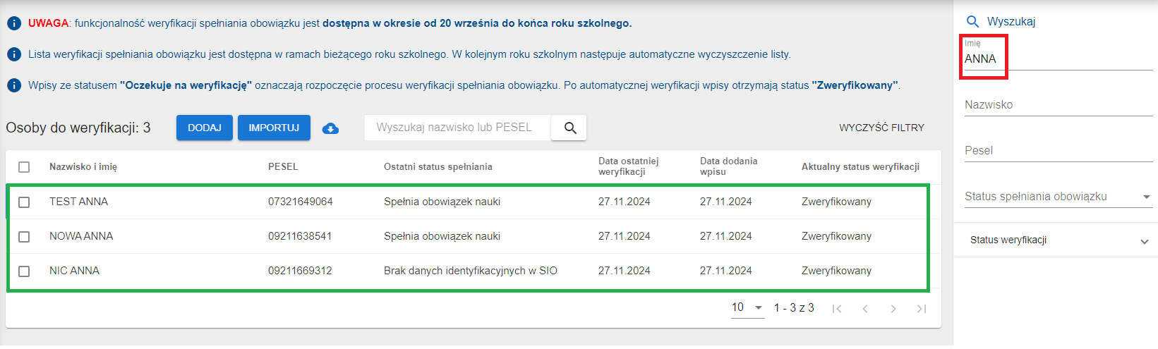 lista po przefiltrowaniu po szukanej frazie