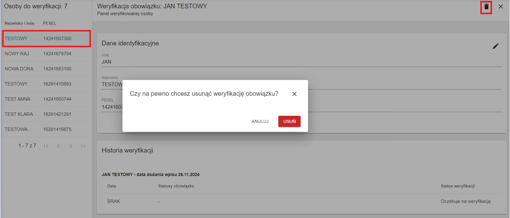możliwość usunięcia danych ucznia zgłoszonych do weryfikacji spełniania 