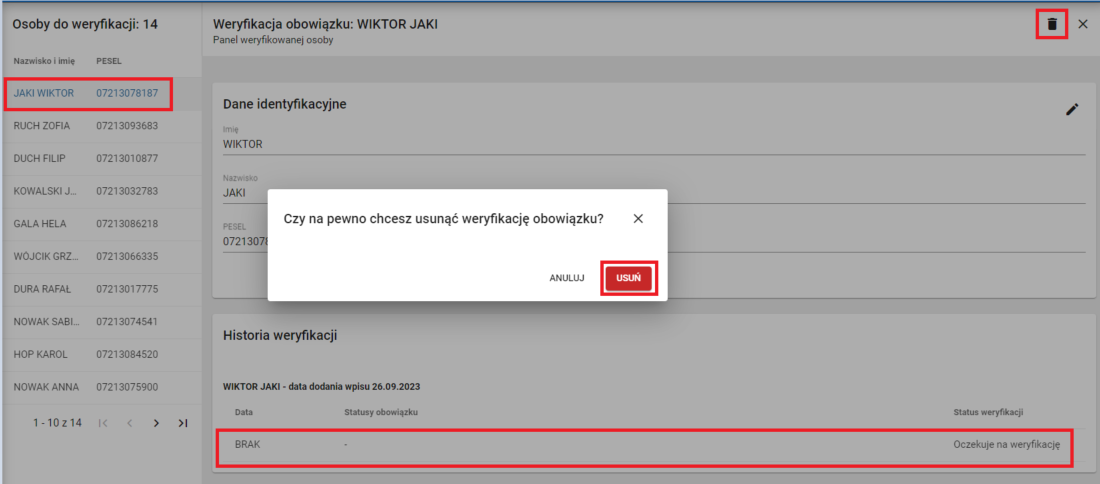 możliwość usunięcia danych ucznia zgłoszonych do weryfikacji spełniania obowiązku 