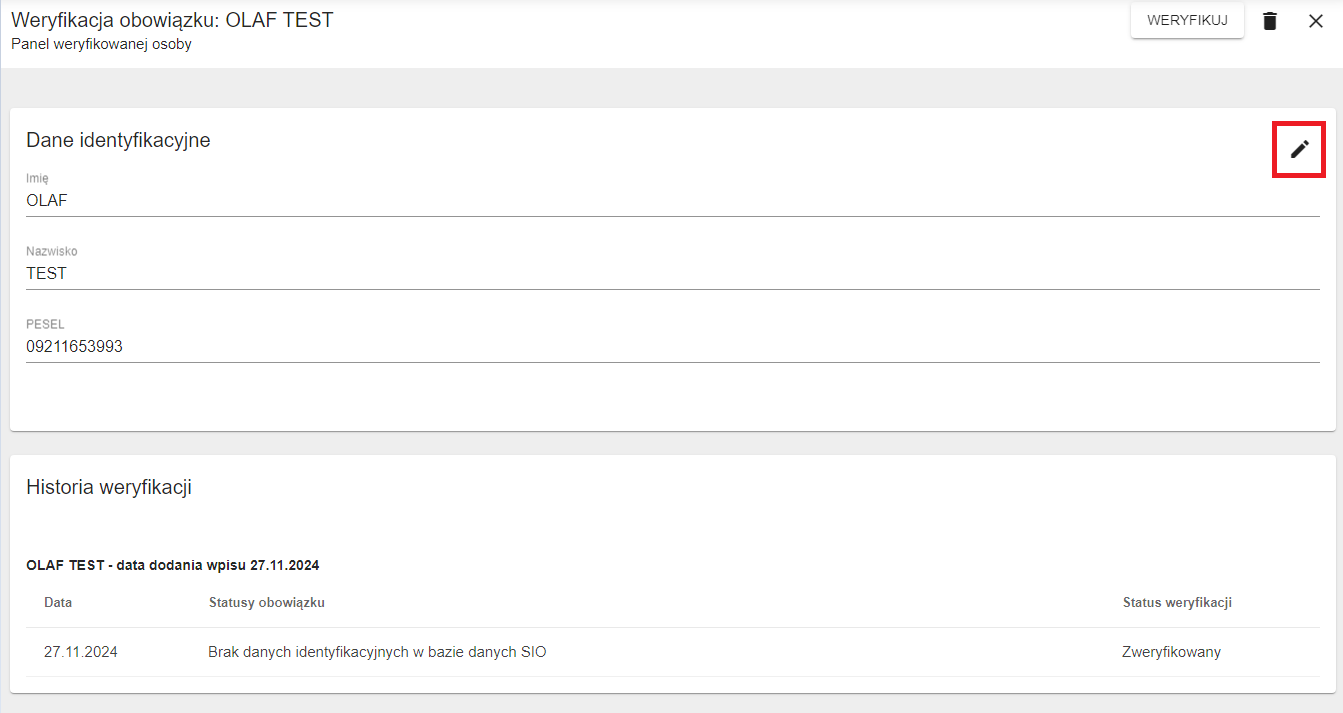 okno w możliwością modyfikacji imienia  i nazwiska 