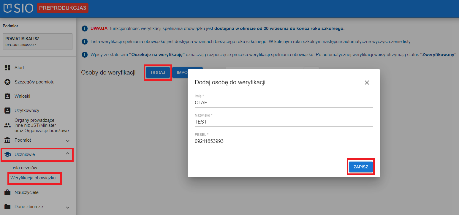 widok formularza - dodaj osobę do weryfikacji