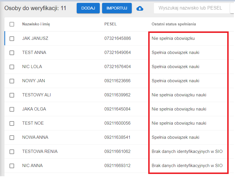 widok listy ze statusami 