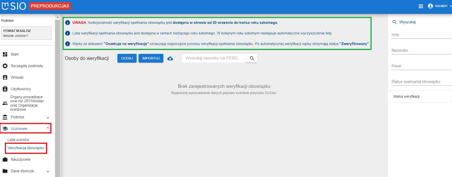 widok modułu uczniowie i weryfikacja obowiązku