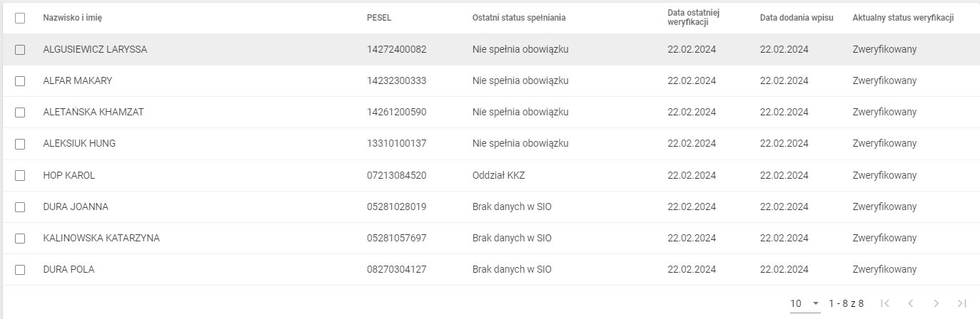 widok okna do weryfikacji obowiązku ze statusem „zweryfikowany”