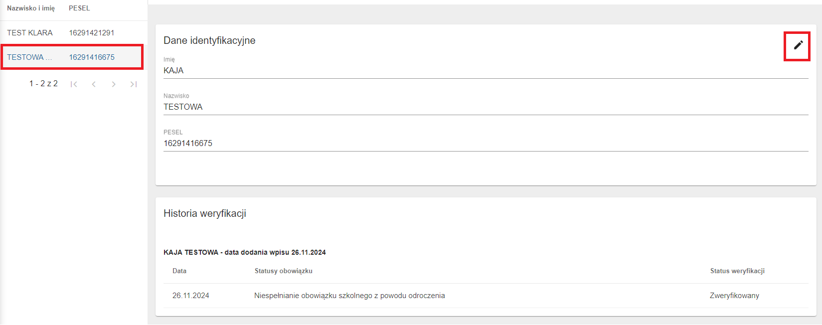 widok okna modyfikacji imienia i nazwiska