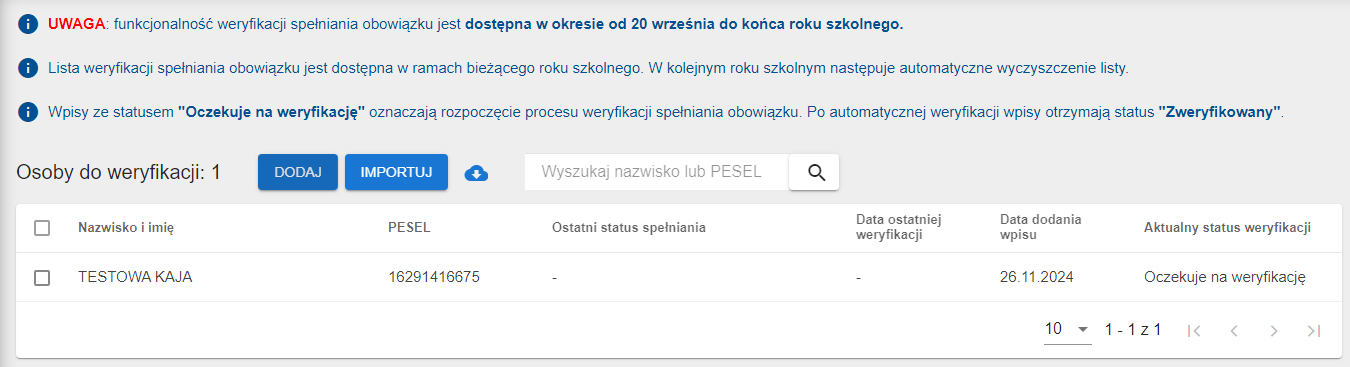 widok okna "oczekuje na weryfikację"