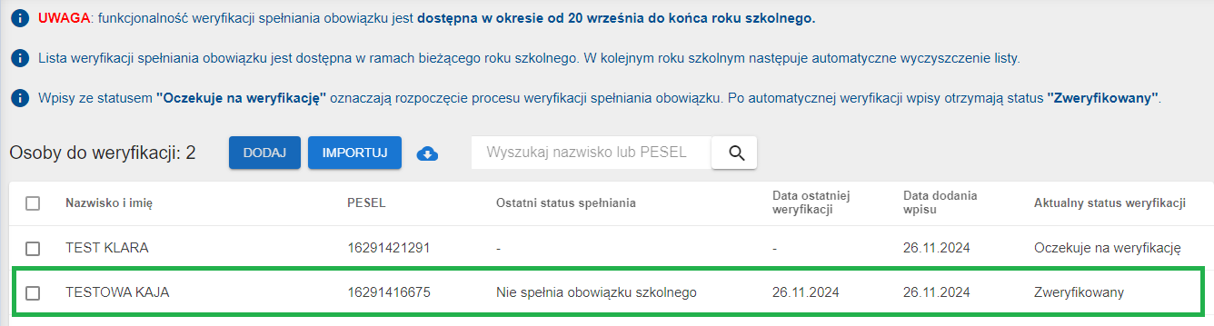 widok okna po weryfikacji - status zweryfikowany