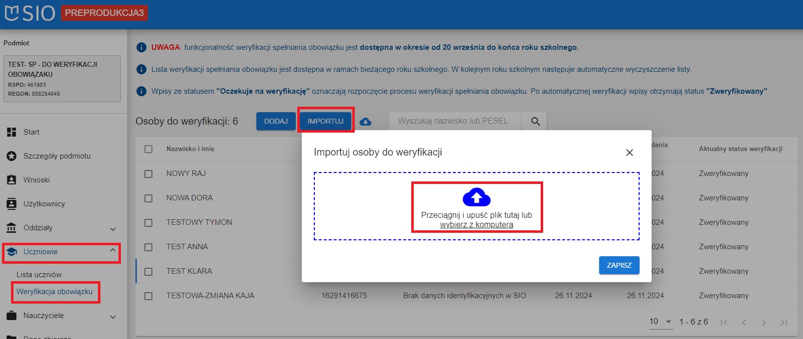widok okna po wybraniu opcji importuj