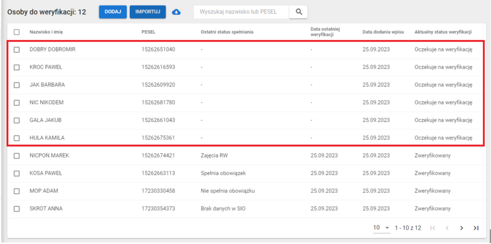 widok okna po załadowaniu pliku ze statusem oczekuje na weryfikację