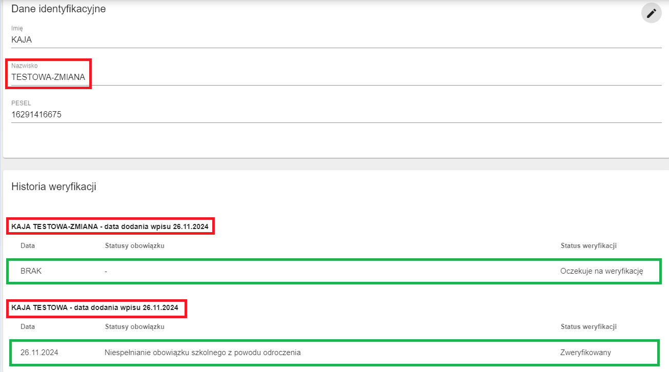 widok okna po zmianie nazwiska i widok panelu historia weryfikacji