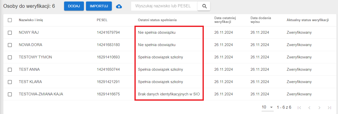 widok okna z listą uczniów i statusami spełniania obowiązku