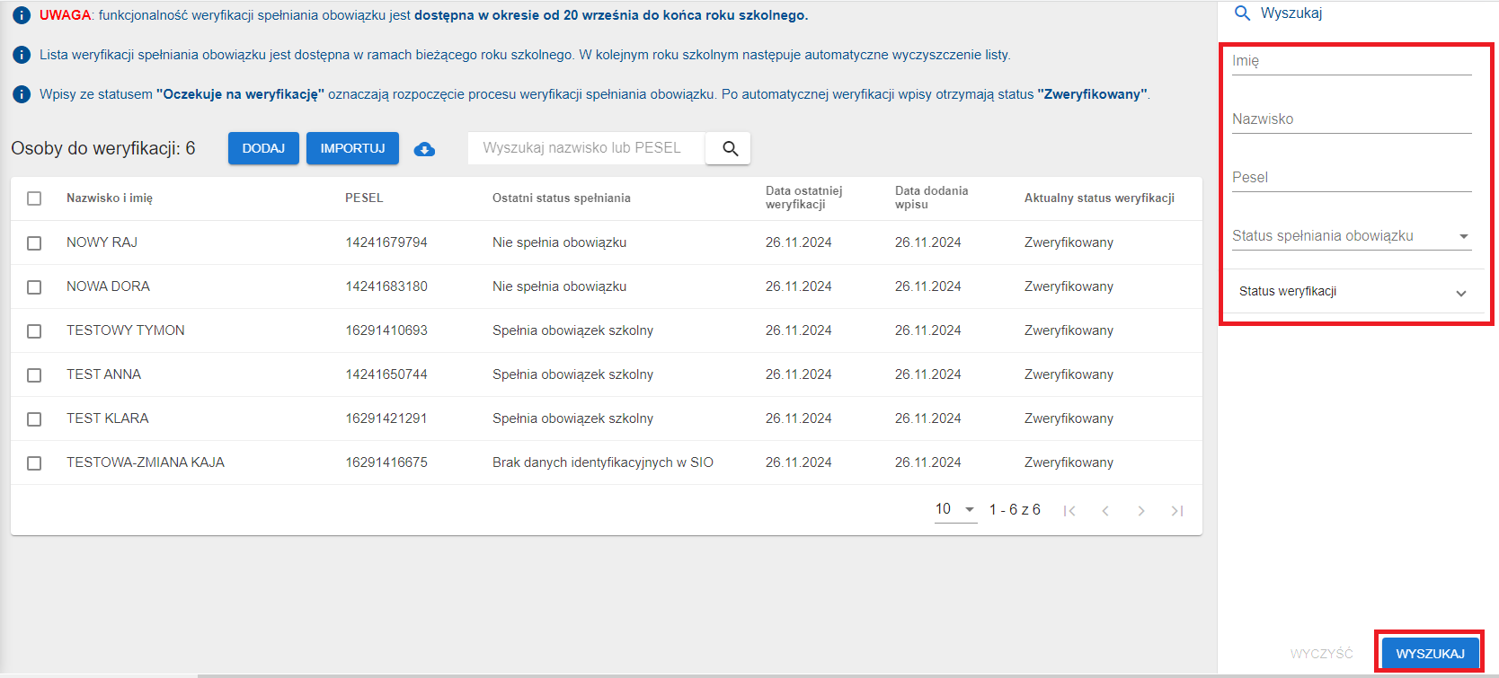 widok okna z możliwością filtrowania danych