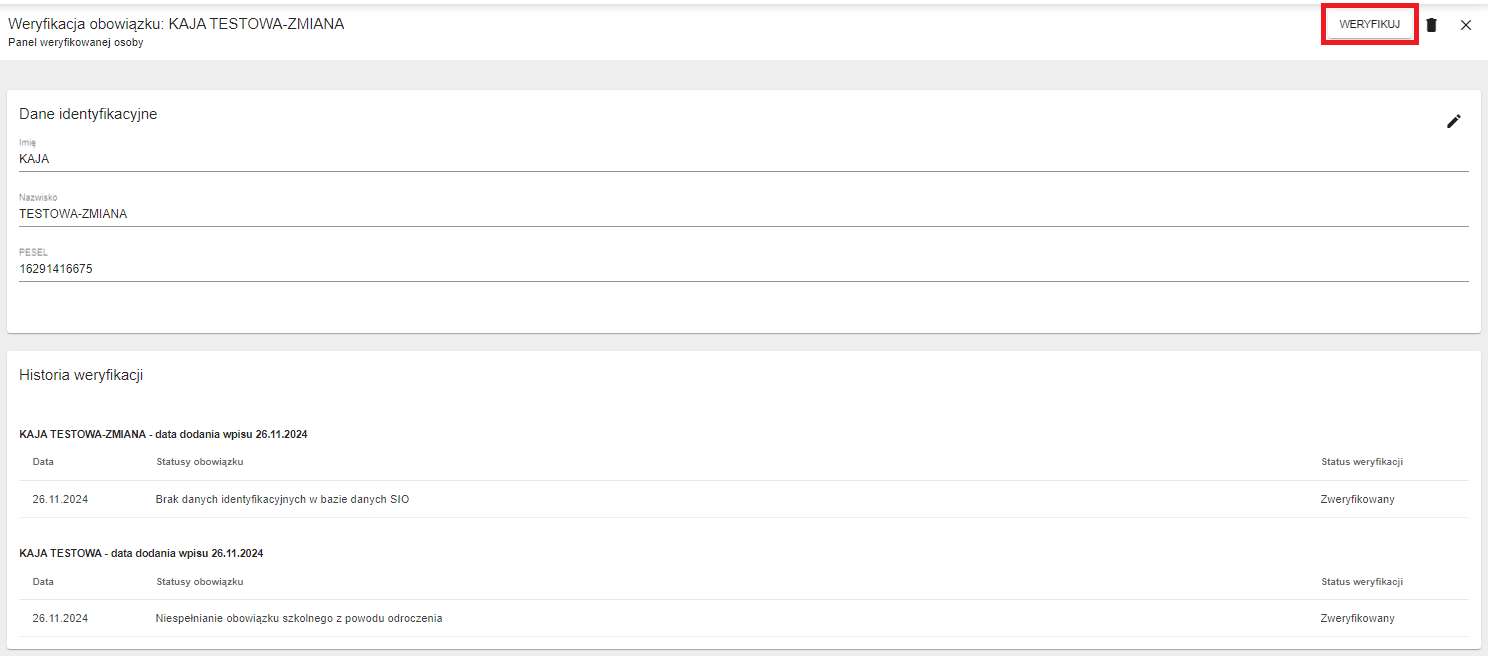 widok okna z możliwością ponownej weryfikacji ucznia