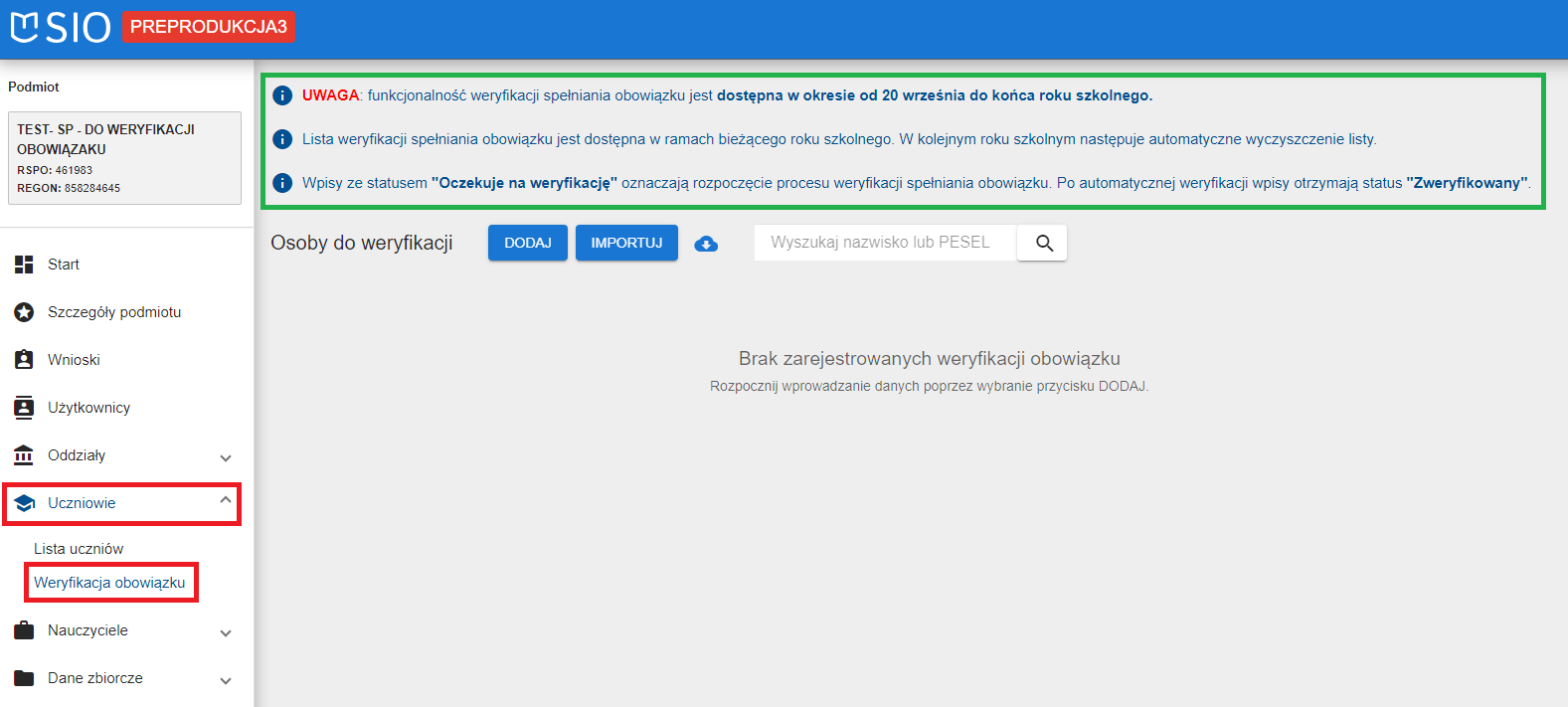 widok okna z zaznaczonym modułem uczniowie i weryfikacja obowiązku
