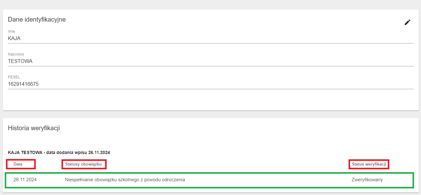 widok panelu historia weryfikacji