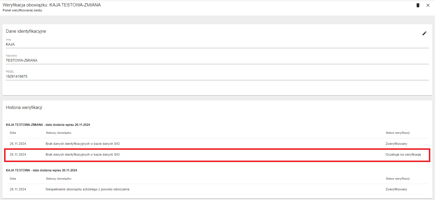 widok panelu historia weryfikacji z zaznaczoną ostatnią weryfikacją