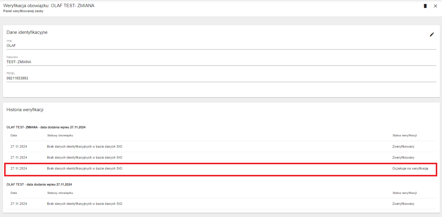 widok panelu historii weryfikacji, wpis z ponownym zapytaniem o obowiązek danego ucznia