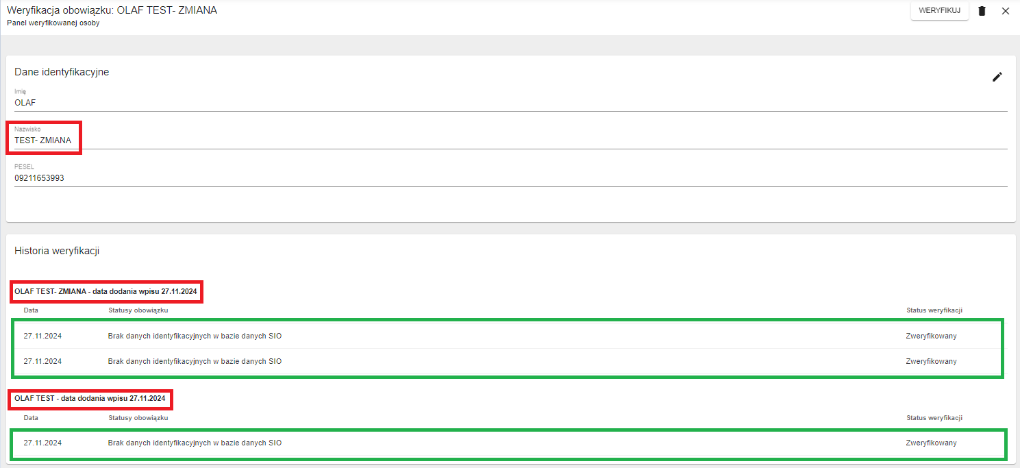 widok panelu po zmianie imienia widoczny danych w panelu historia weryfikacji