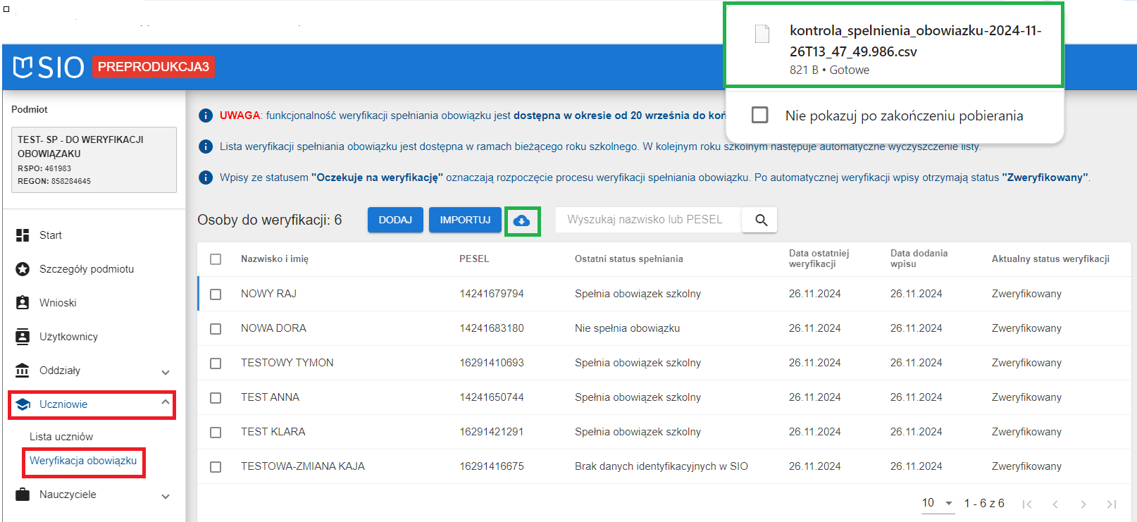 widok z pobranym plikiem csv