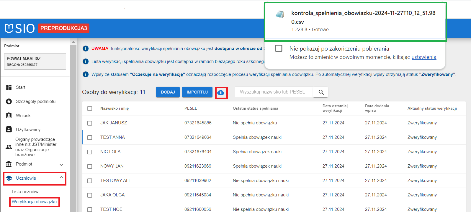 widok z pobranym plikiem csv