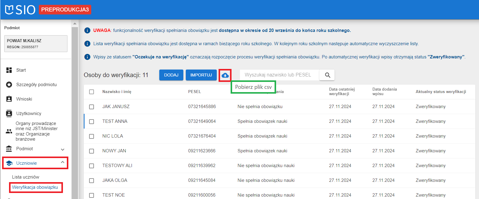 zaznaczona funkcja pobierz plik csv