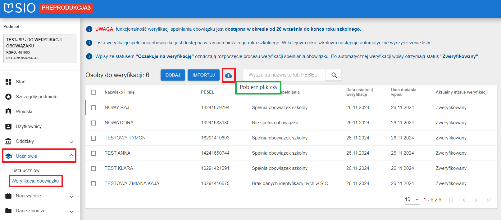 zaznaczona opcja pobierz plik csv