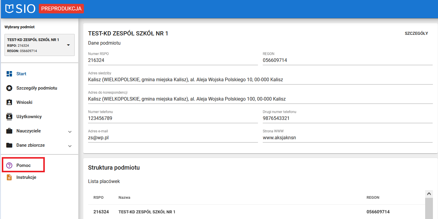 Okno systemu SIO z zaznaczonym wyborem zakładki pomoc po lewej stronie ekranu