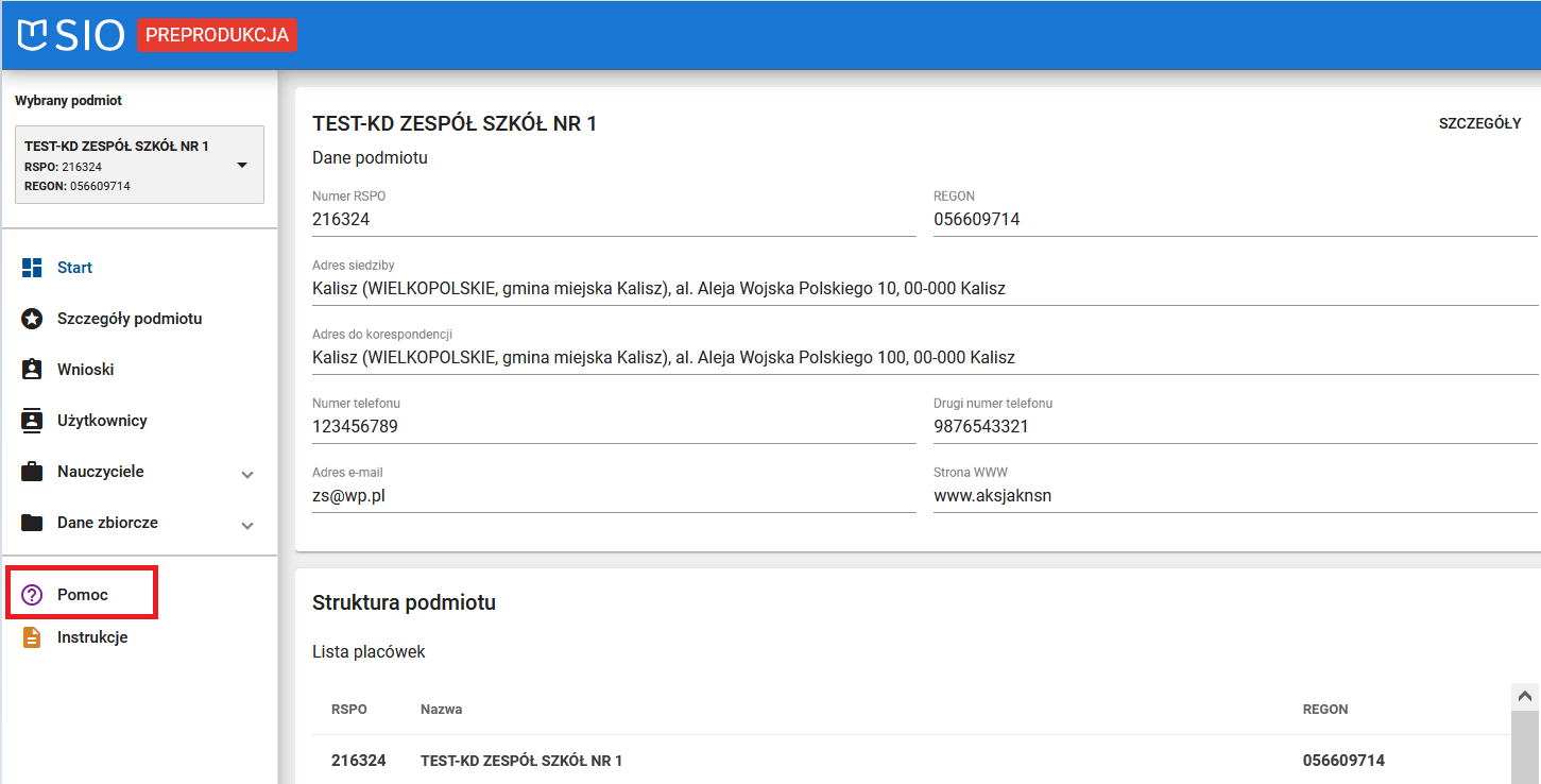 Okno systemu SIO z zaznaczonym wyborem zakładki pomoc po lewej stronie ekranu
