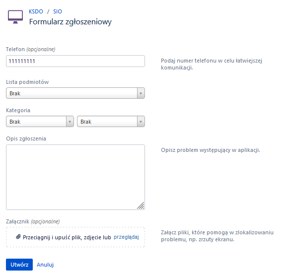 Okno z widokiem na formularz zgłoszeniowy z podziałem na pola do uzupełnienia