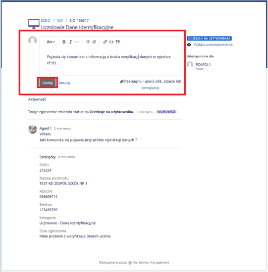 Okno z widokiem na zaznaczone pole z możliwością dodania komentarza do uzyskanej odpowiedzi