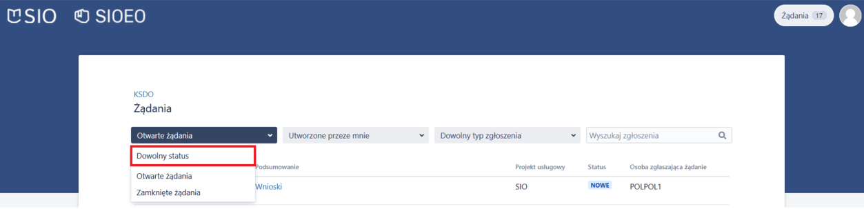 Okno z widokiem na zmianę wyboru wyszukiwania zgłoszeń z różnym statusem np. otwarte żądania, dowolny status