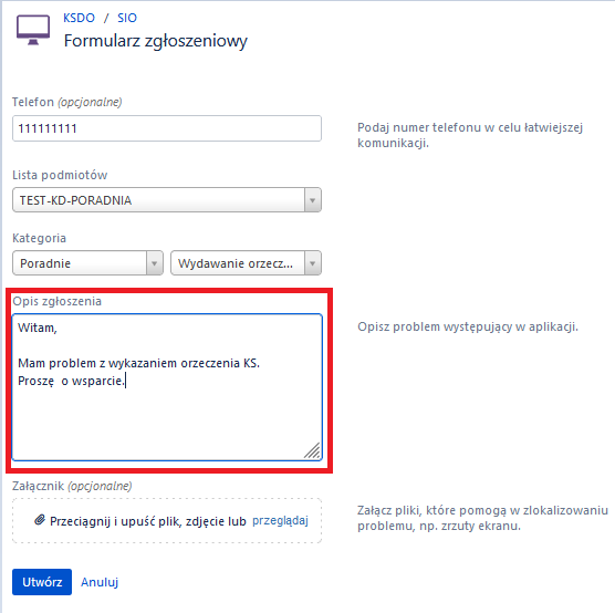 okno z widokiem uzupełnionej treści zgłoszenia
