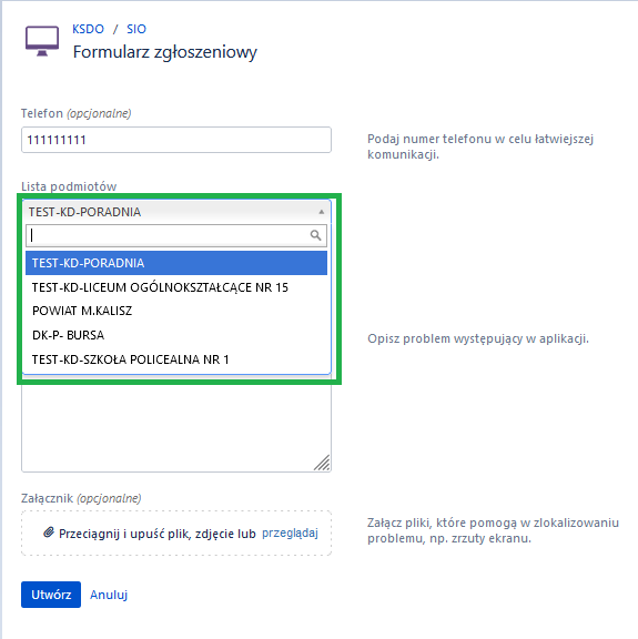 okno z wybranym podmiotem którego dotyczy problem