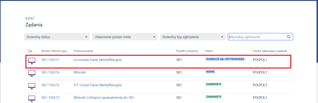 okno z zaznaczony zgłoszeniem /żądaniem 
