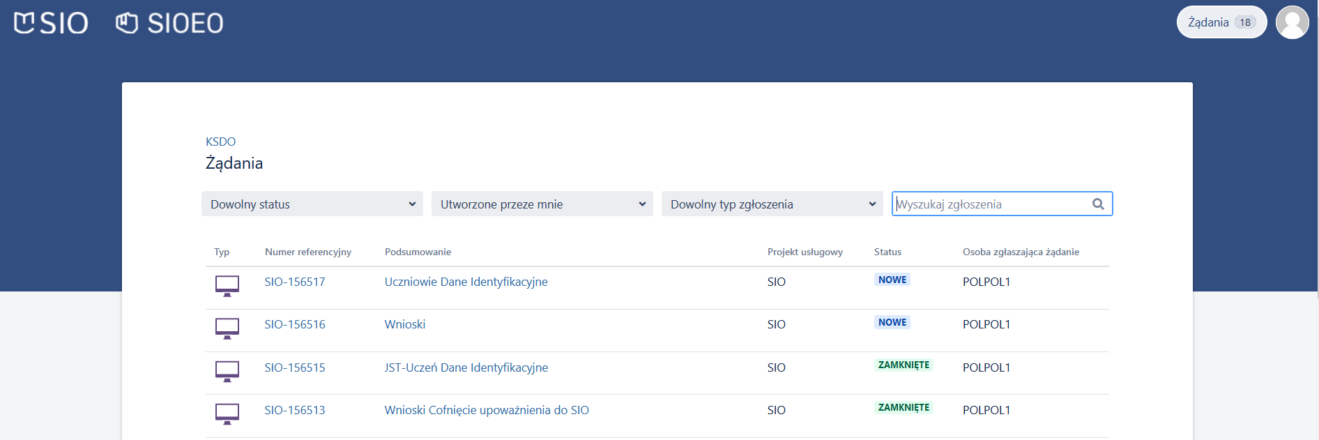 widok okna z listą żądań
