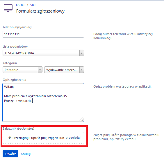 widok okna z zaznaczoną możliwością dodania załącznika do zgłoszenia