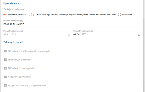 widok okna z wybraną funkcją, okresem upoważnienia i zakresem dostępu