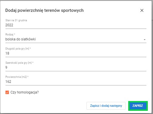formularz - dodaj powierzchnię terenów sportowych