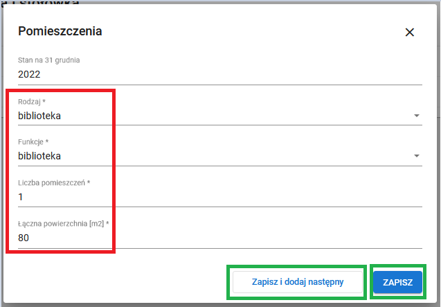 okno z widokiem na formularz rejestracji rodzajów pomieszczeń 