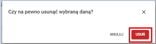 okno z widokiem na komunikat potwierdzający chęć usunięcia