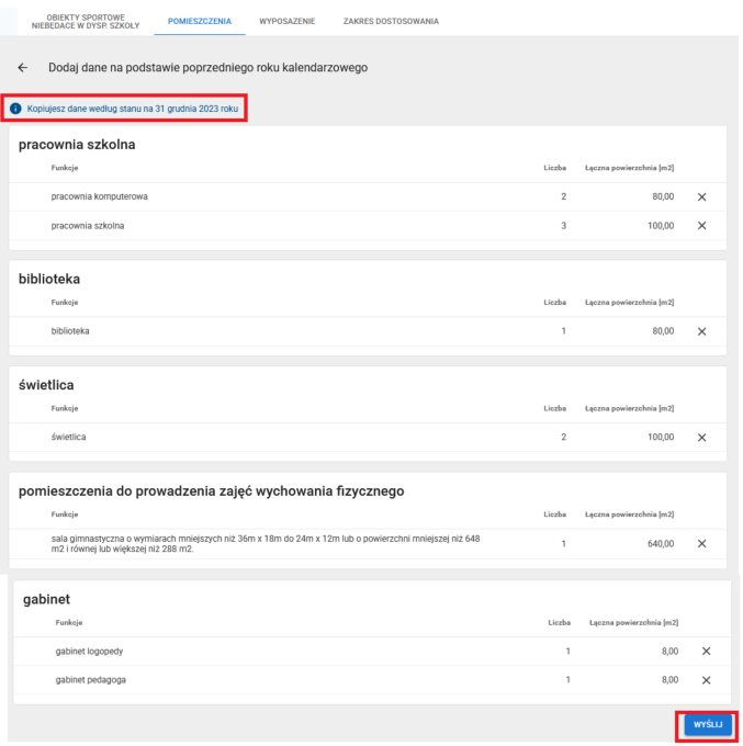 okno z widokiem na skopiowane dane pomieszczeń