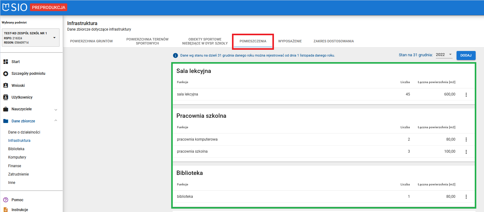 okno z widokiem na zapisane dane dotyczące pomieszczeń 